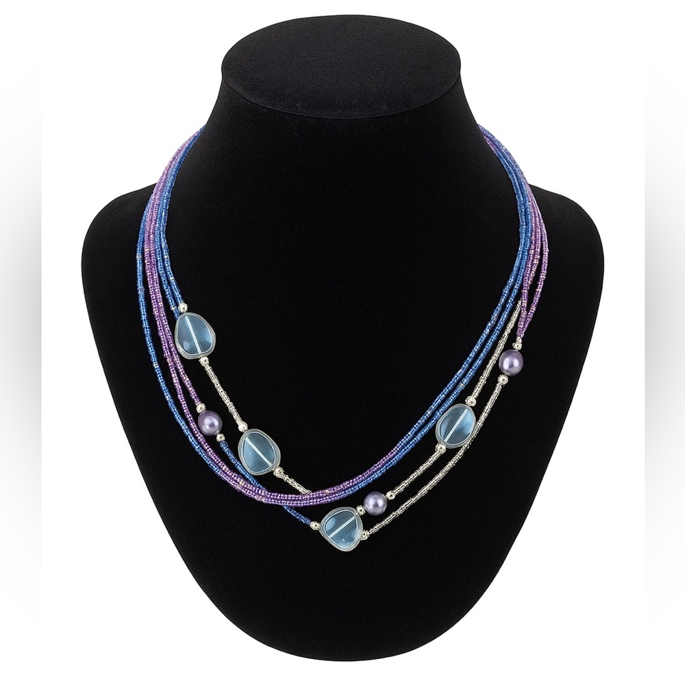 Blue Purple Multi Strand Layered Beaded Necklace